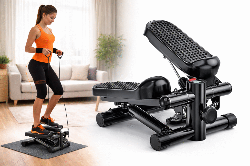woman using mini stepper at home for daily exercise